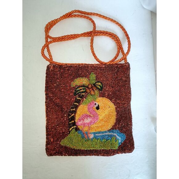 Beaded Flamingo Palm Tree Crossbody Bag purse - Picture 1 of 11